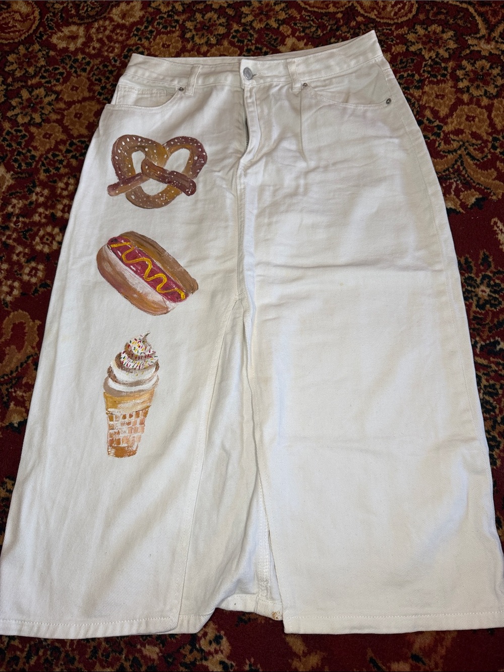 White Denim Skirt with Hand-Painted Snack Motifs